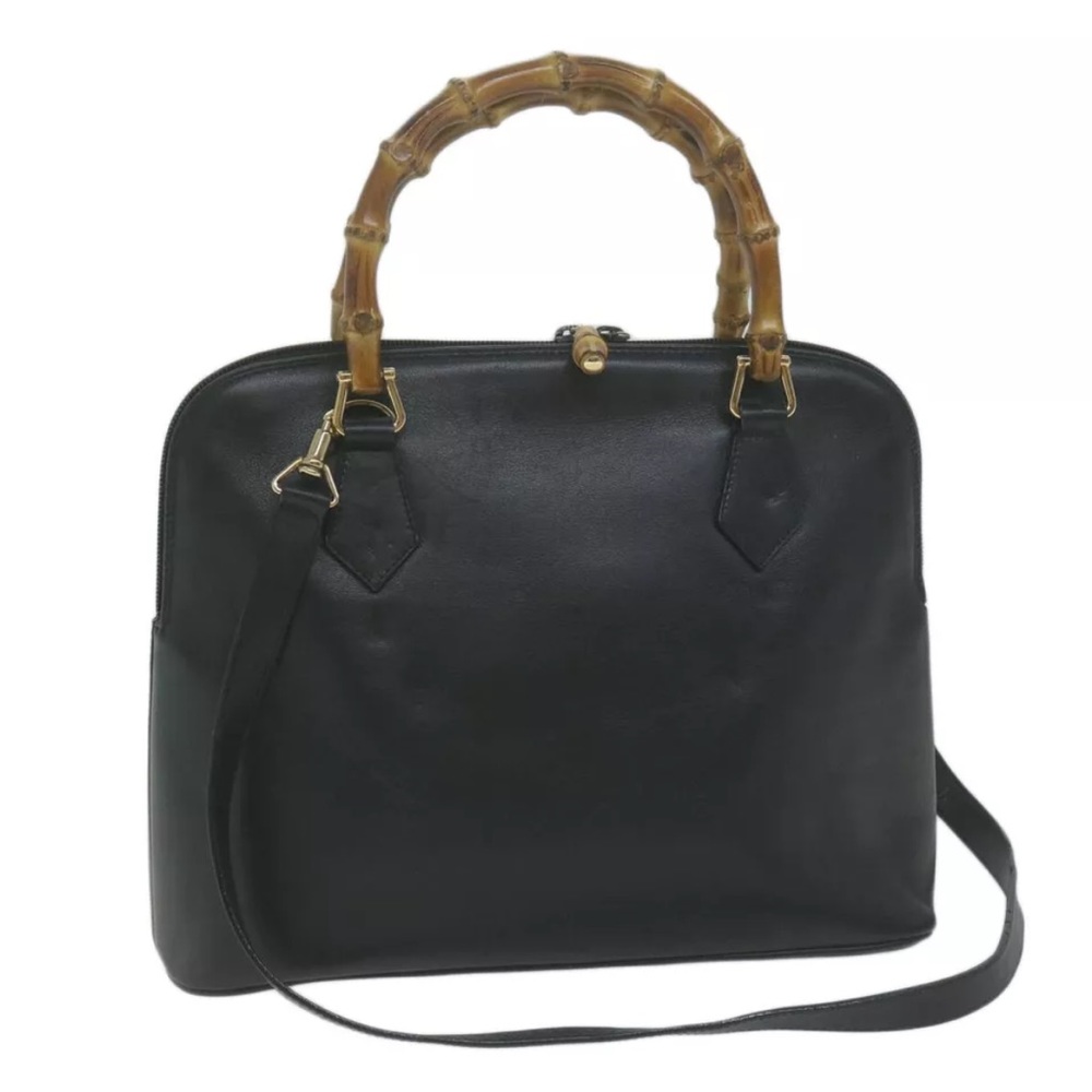 GUCCI Bamboo Hand Bag Leather 2way Black 000 0289 Auth ep3042